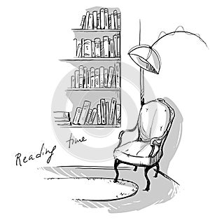 Reading time. A quiet cozy corner at home Ã¢â¬â bookshelves and a chair.